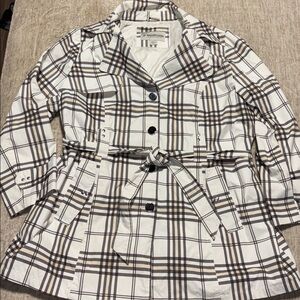 1X Plaid lined rain coat trench style Weather Tamer white grey cream button plus